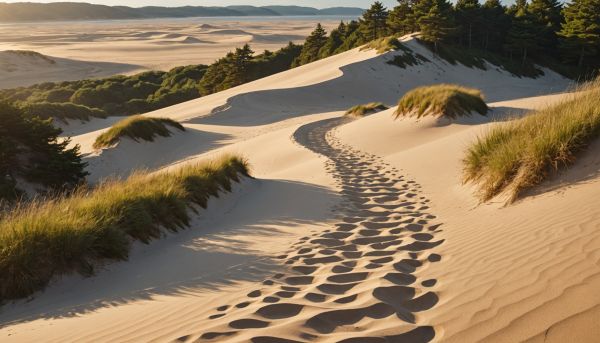 Sentier dune du pilat : marches, sable et vue bassin d'arcachon avec le domaine des oréades